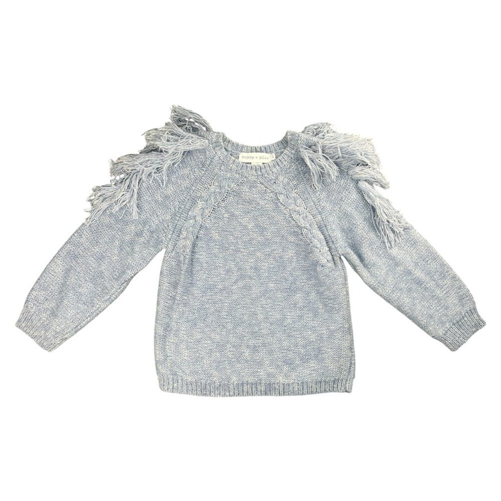 Poppy + Pima Anthropologie Fringe Shoulder Palms Sweater In Baby Blue In Size S